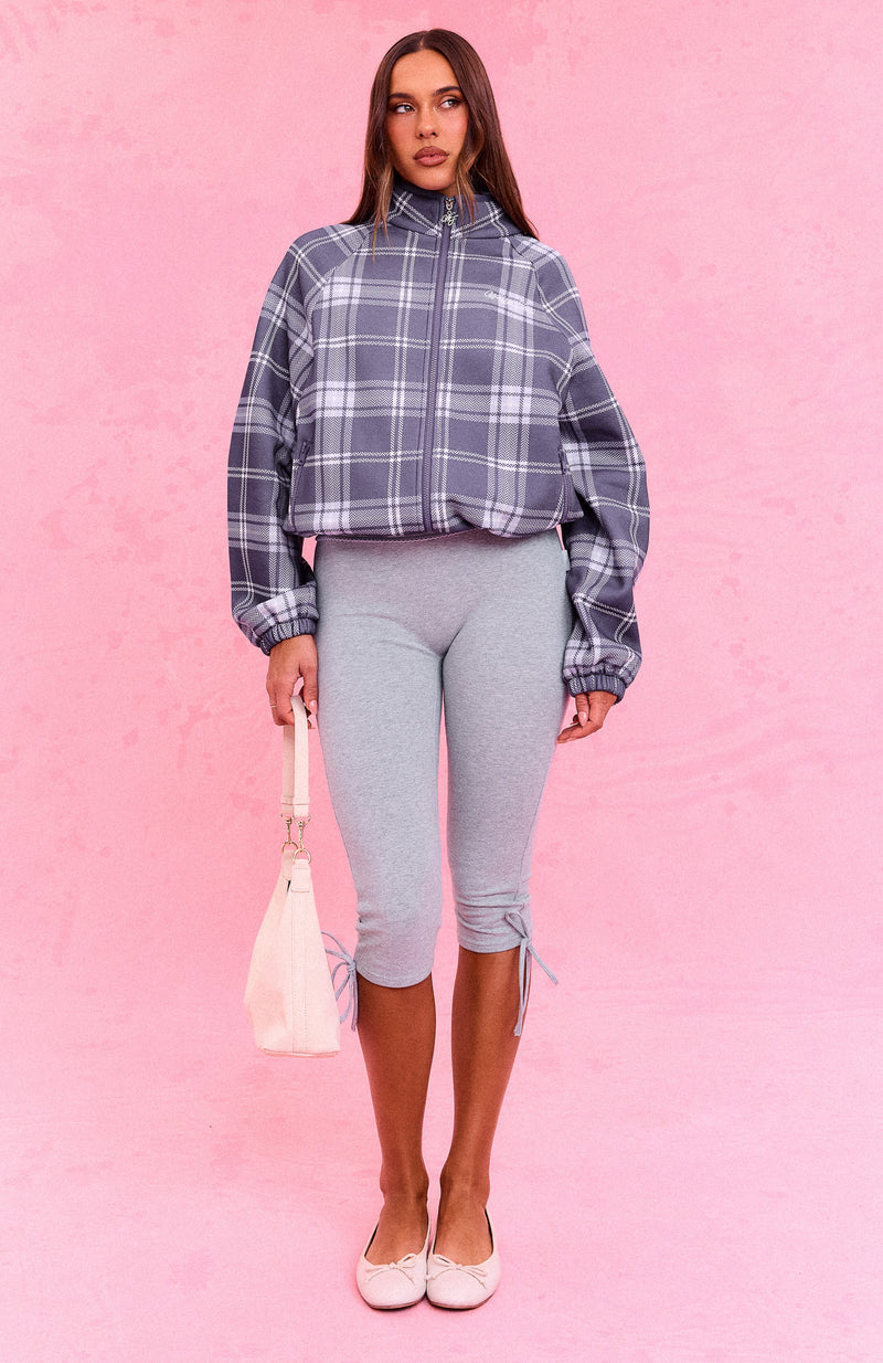 The Social Club Bianca Oversized Zip Front Funnel Neck Jacket Navy Plaid