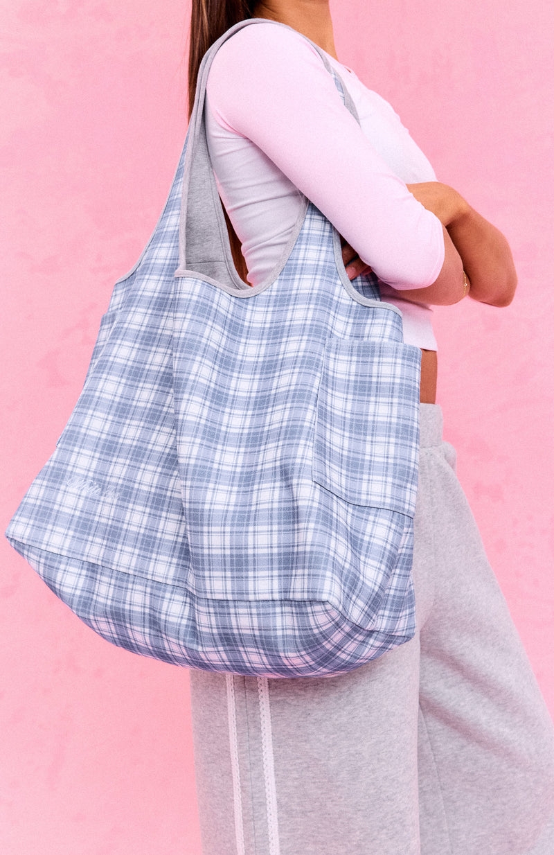 The Social Club Mirabelle Reversible Shoulder Bag Blue Plaid/Grey Marle