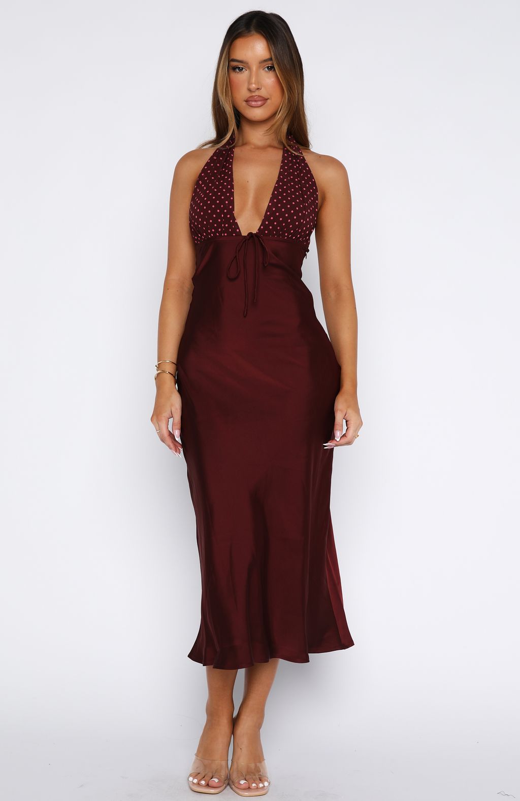Guess You Miss Me Halter Midi Dress Burgundy/Pink Dot | White Fox Boutique