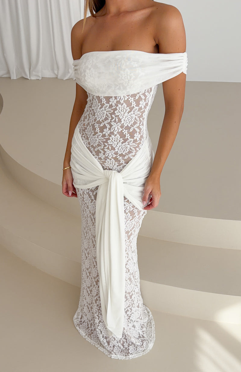 Best Dressed Off Shoulder Lace Maxi Dress White