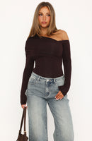Don't Mind Me One Shoulder Long Sleeve Bodysuit Dark Chocolate