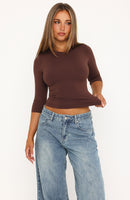 Easy To Admire V Neck 3/4 Sleeve Top Chocolate