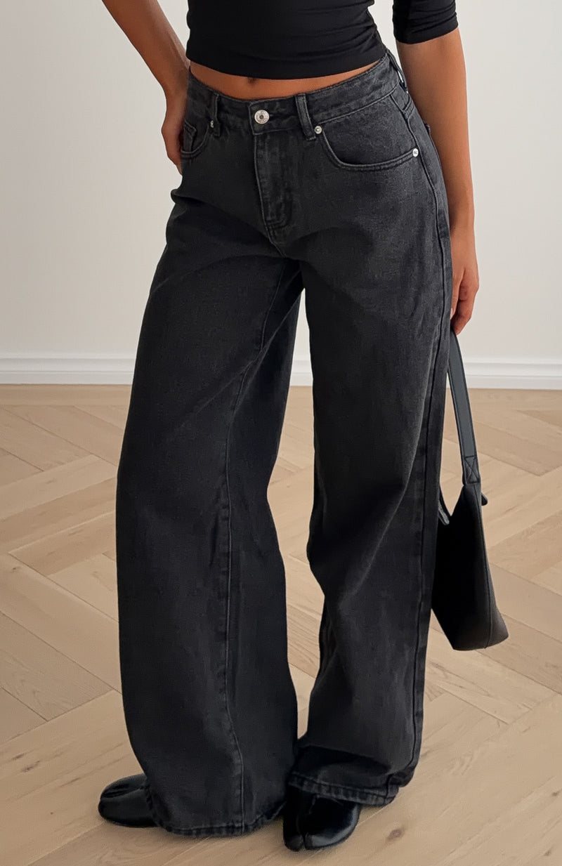 Just My Type Mid Rise Wide Leg Jeans Black Acid Wash