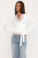 Better Left Unsaid Lace Trim Long Sleeve Top Off White
