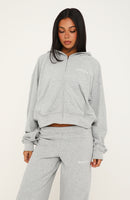 Looking Back Boxy Zip Front Hoodie Grey Marle