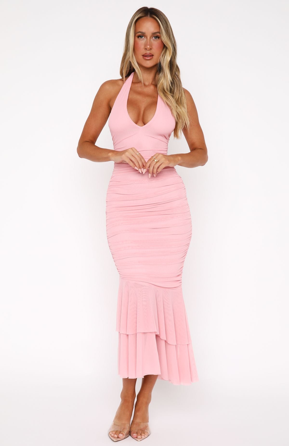 Baby Pink Cotton Halter Neck Dress