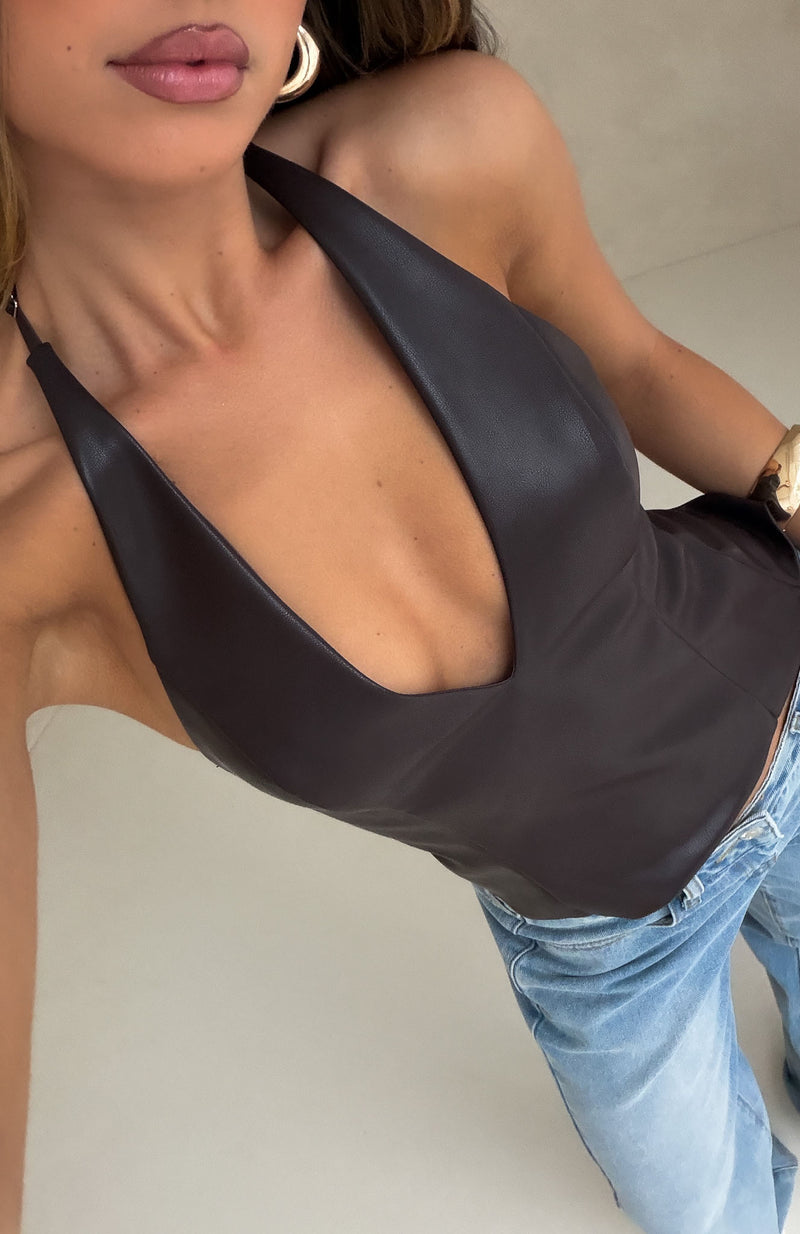 Out Of My Depth PU Halter Top Dark Chocolate