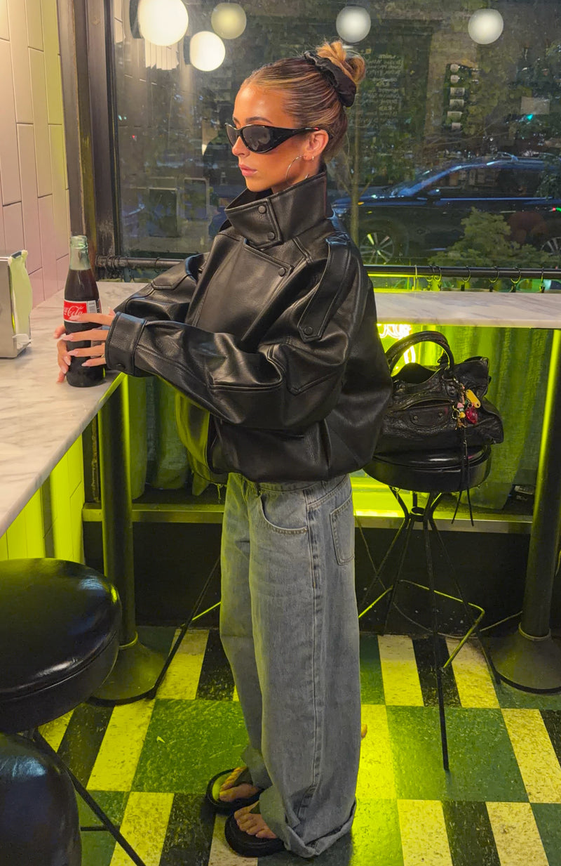 Arianna Funnel Neck PU Jacket Black