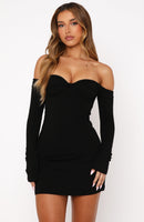 Running Out Of Time Off Shoulder Long Sleeve Mini Dress Black