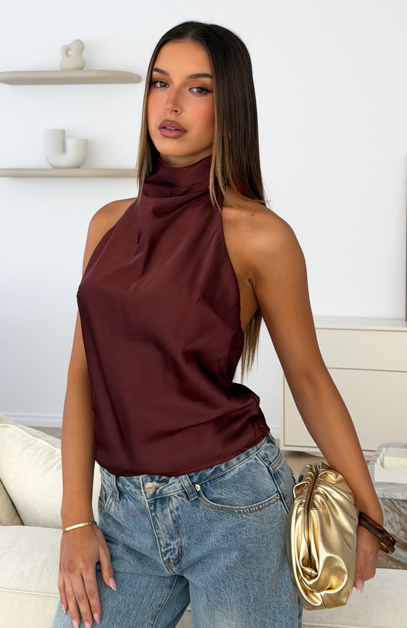 Watch And Learn Satin Halter Top Dark Chocolate