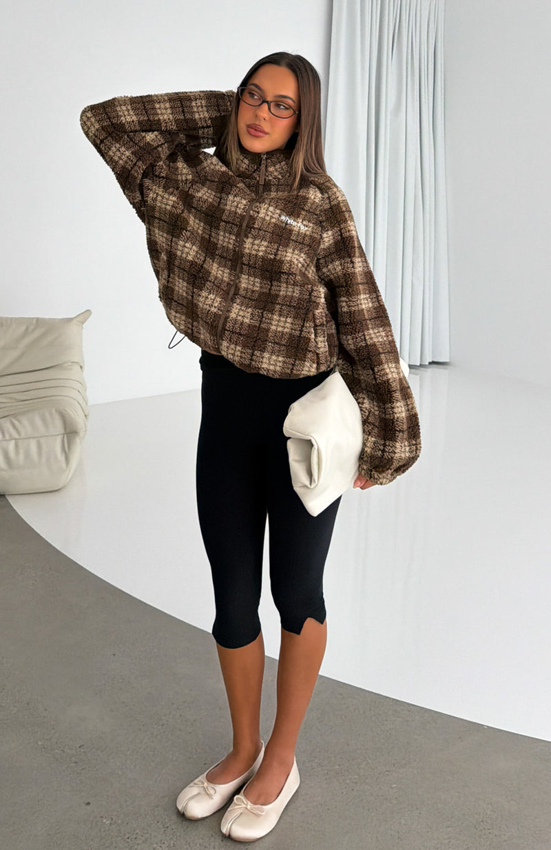 We're Not Working Zip Front Fleece Jacket Brown Print