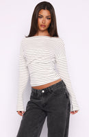 Another Time Cinched Waist Long Sleeve Top White Stripe