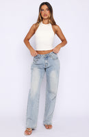 Bring The Style Low Rise Wide Leg Jeans Light Blue Wash