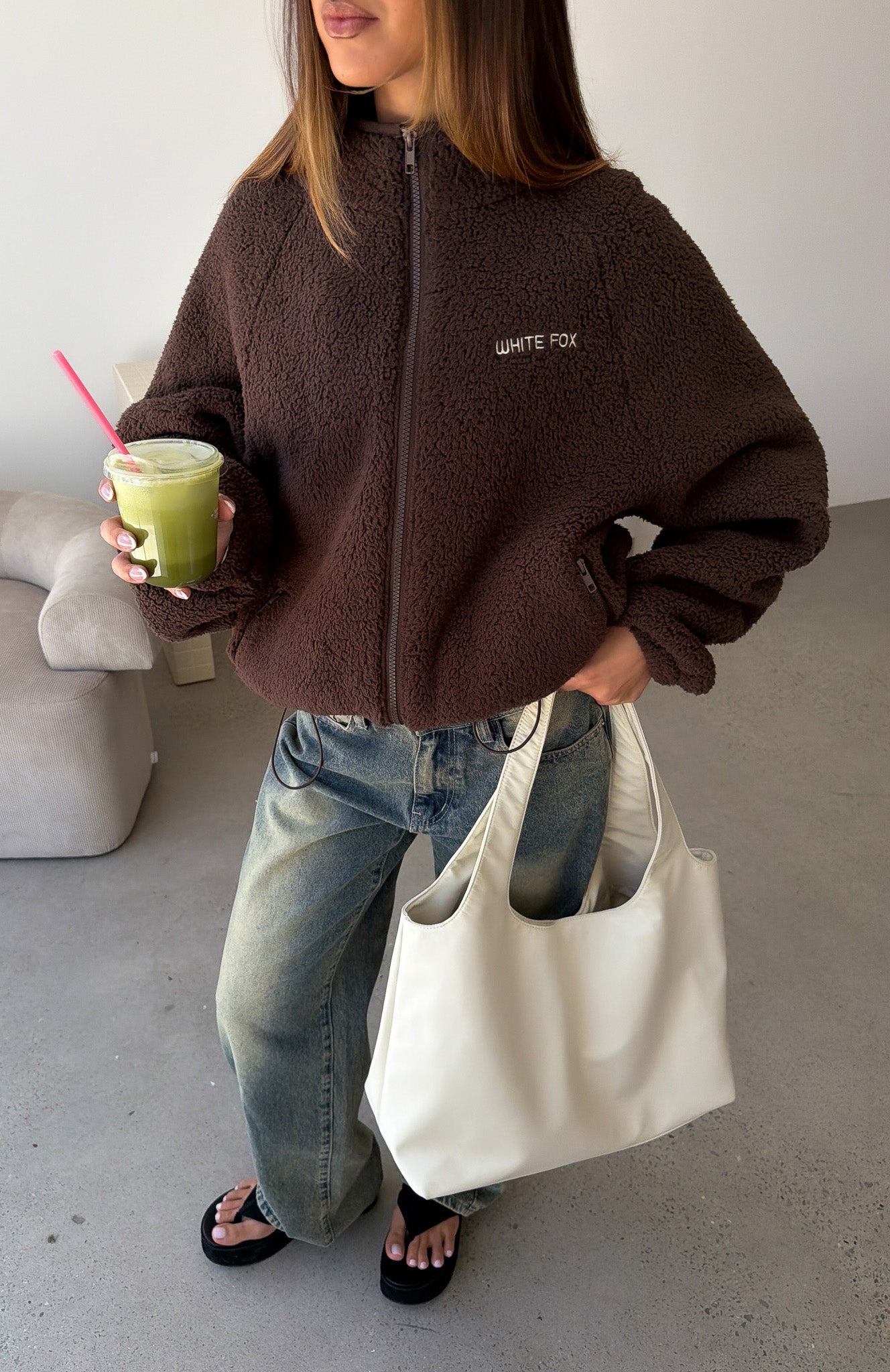 White Fox Boutique Calm Before The Storm Zip Front Fleece Sweater Chocolate
