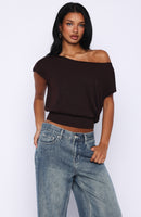 Can't Change My Mind Off Shoulder Cinched Top Chocolate