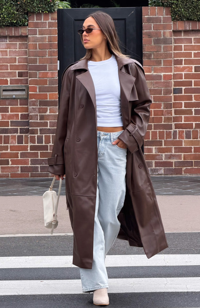 Do I Ever PU Trench Coat Chocolate