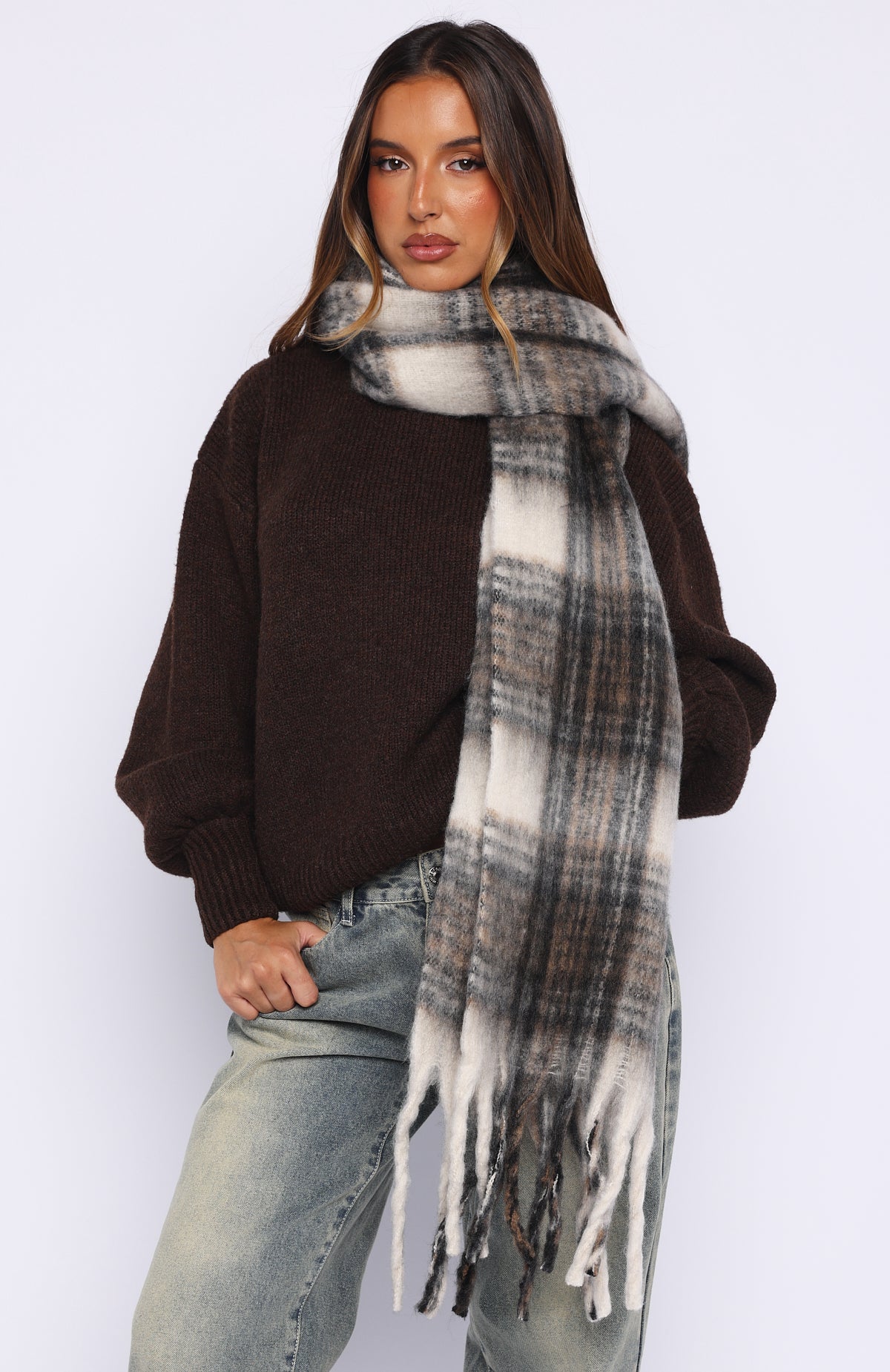 Farley Scarf Cappuccino Plaid | White Fox Boutique