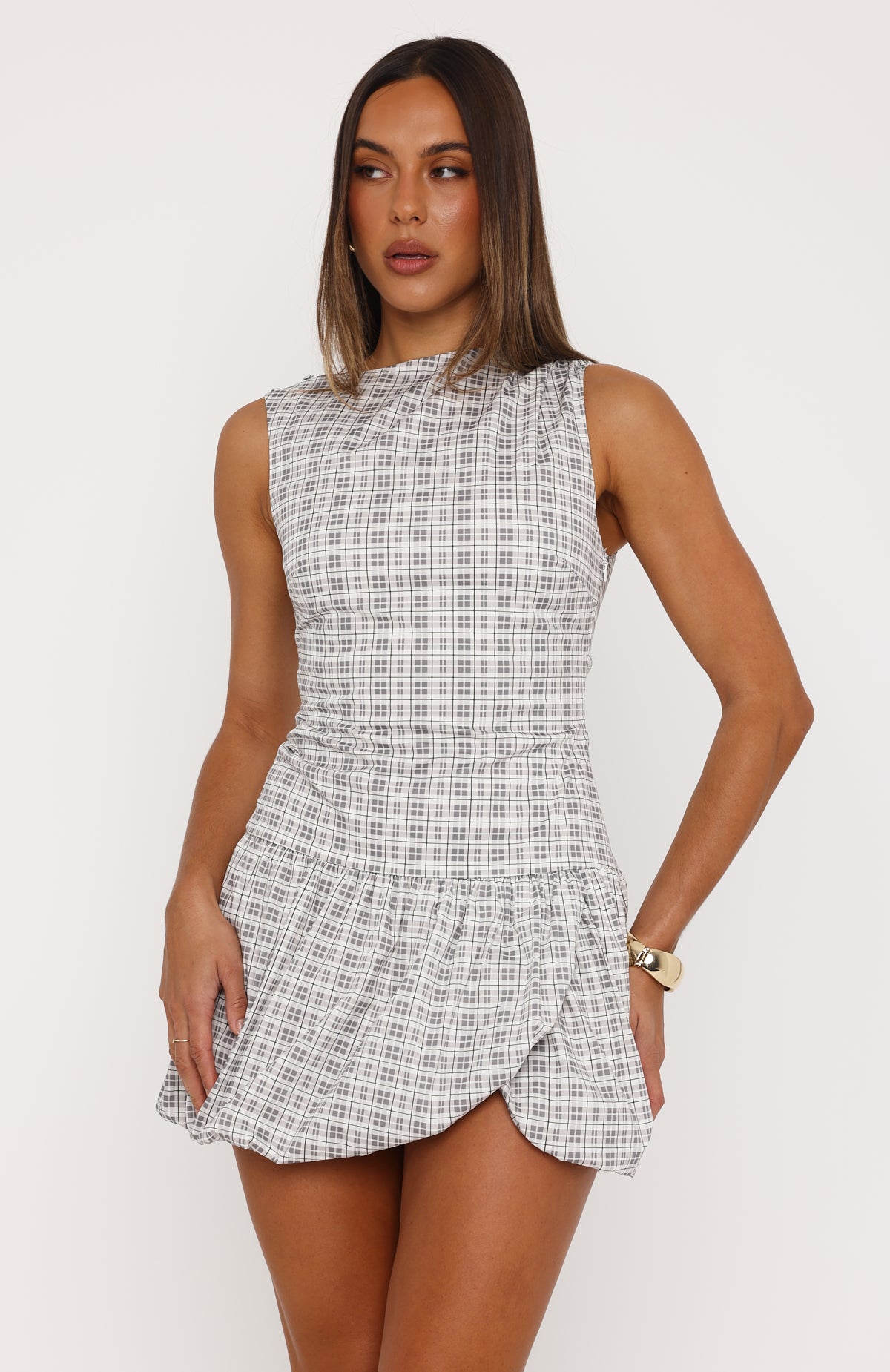 I Got You Love Mini Dress Darling Grey Check | White Fox Boutique