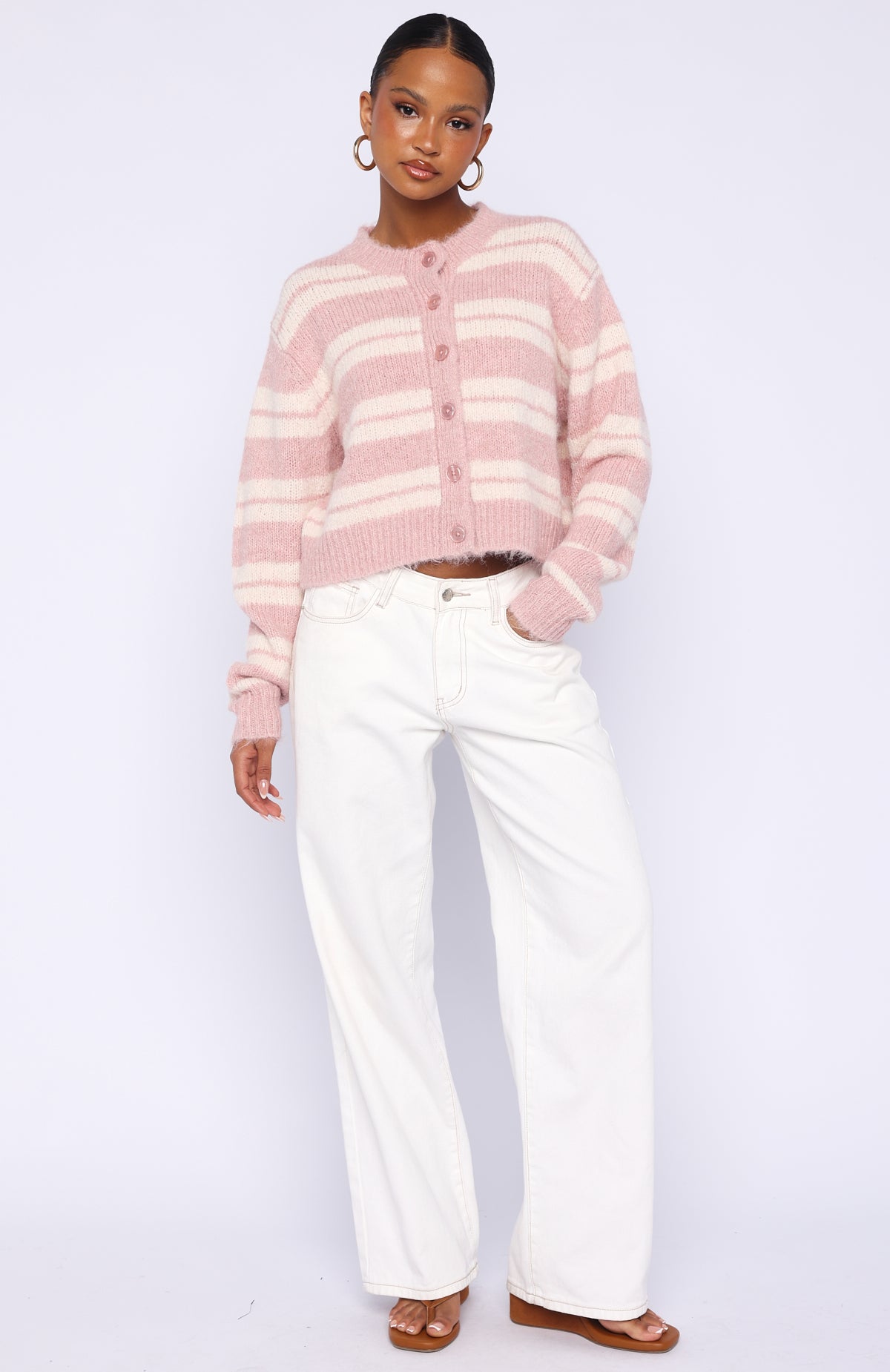 HYEON ♡ waffle cardigan / pink beige Ice Bae Stripe Knit Cardigan Strawberry Cream Stripe | White Fox