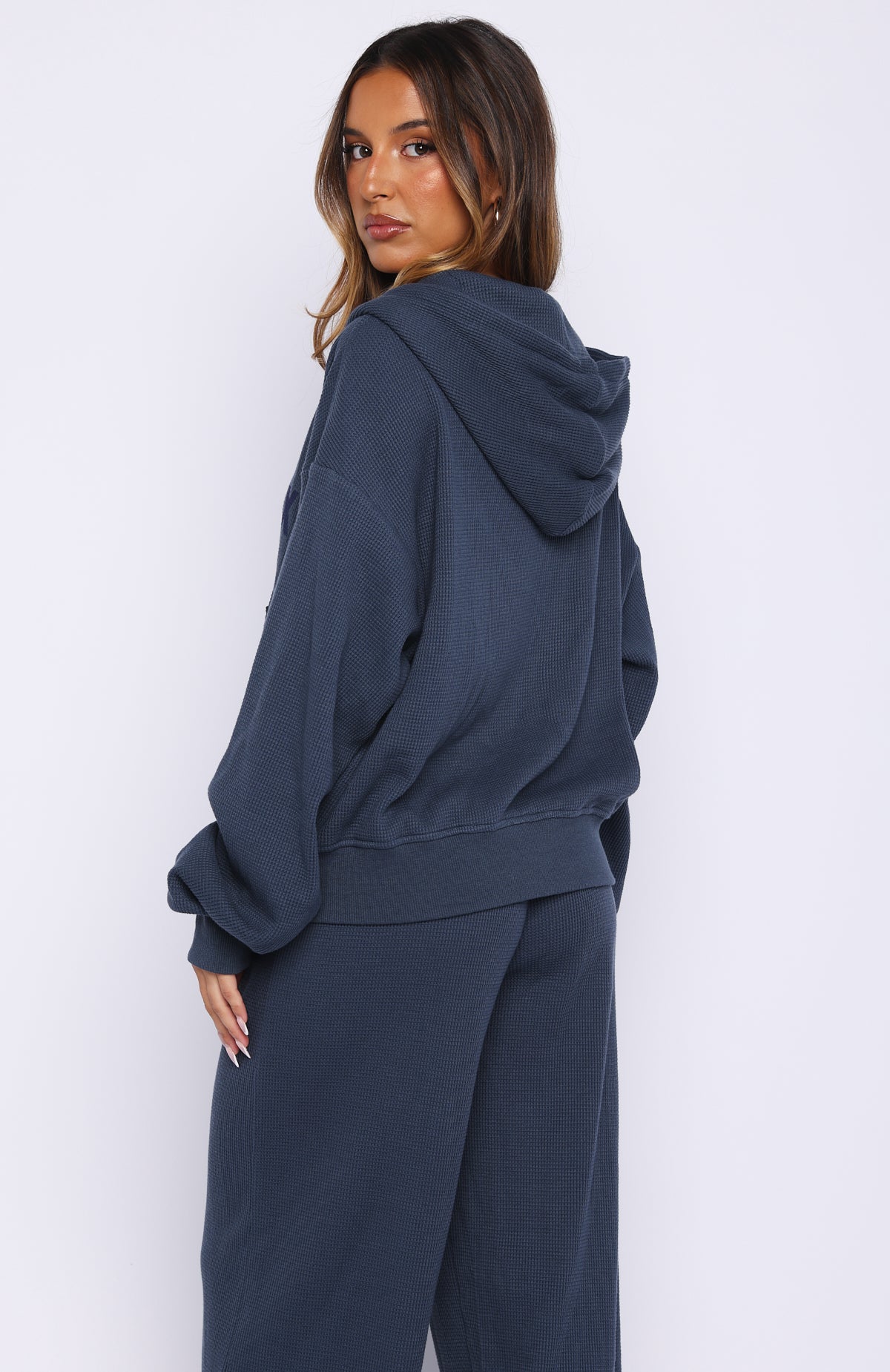 Leave Me Out Of It Waffle Boxy Zip Front Hoodie Navy | White Fox