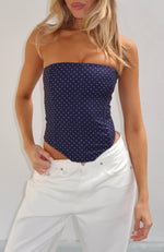 Let It Go Strapless Bustier Navy Polka Dot