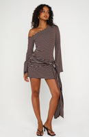 On Her Throne Off Shoulder Long Sleeve Mini Dress Chocolate/Marle Stripe