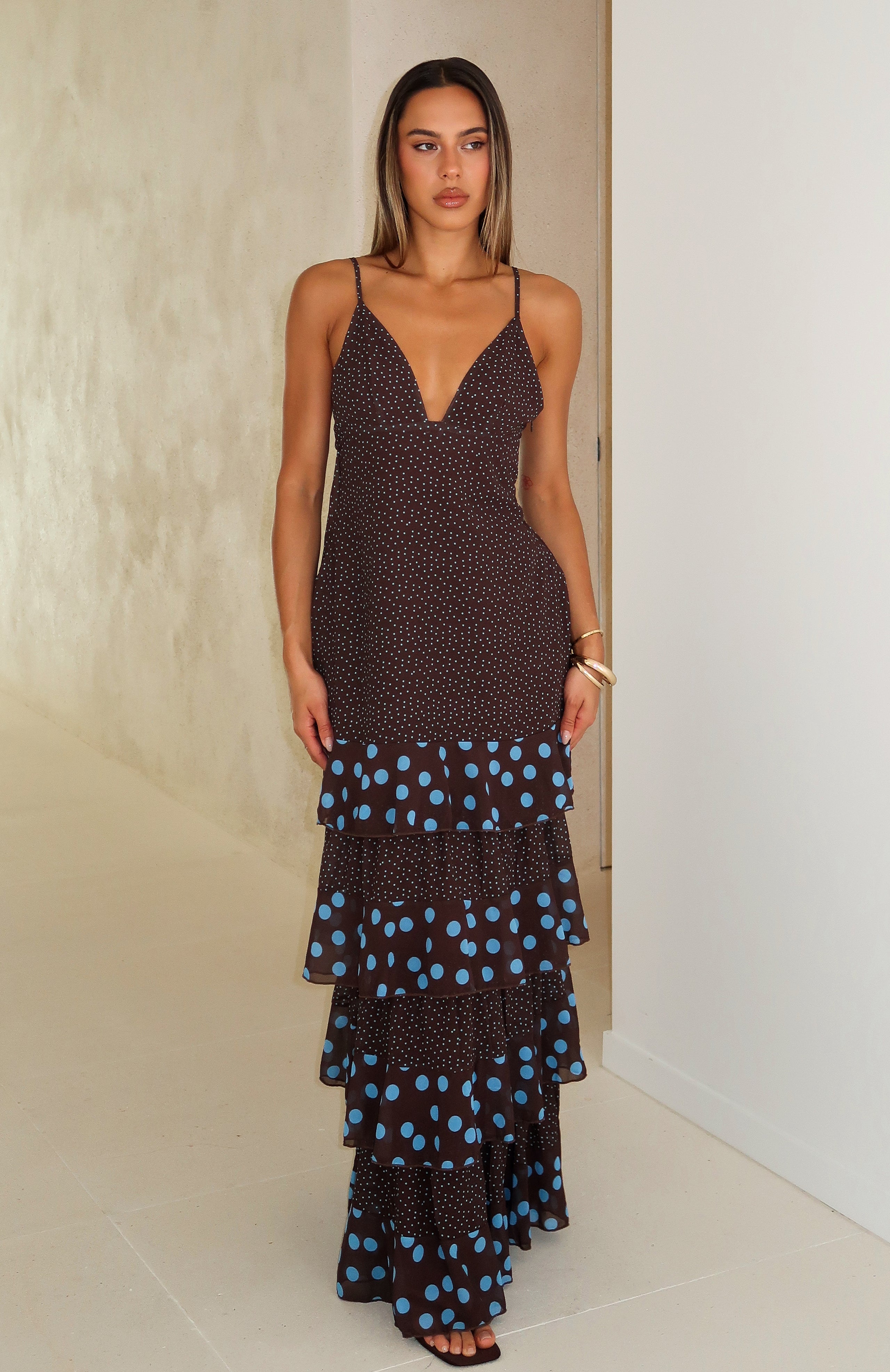 Princess Maxi Dress Chocolate/Blue Polka Dot | White Fox Boutique Princess Maxi Dress Chocolate/Blue Polka Dot | White Fox Boutique