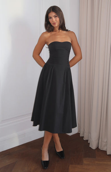 Rich In Love Strapless Midi Dress Black | White Fox Boutique Rich In Love Strapless Midi Dress Black | White Fox Boutique