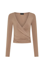 Staying Cute Long Sleeve Wrap Top Caramel