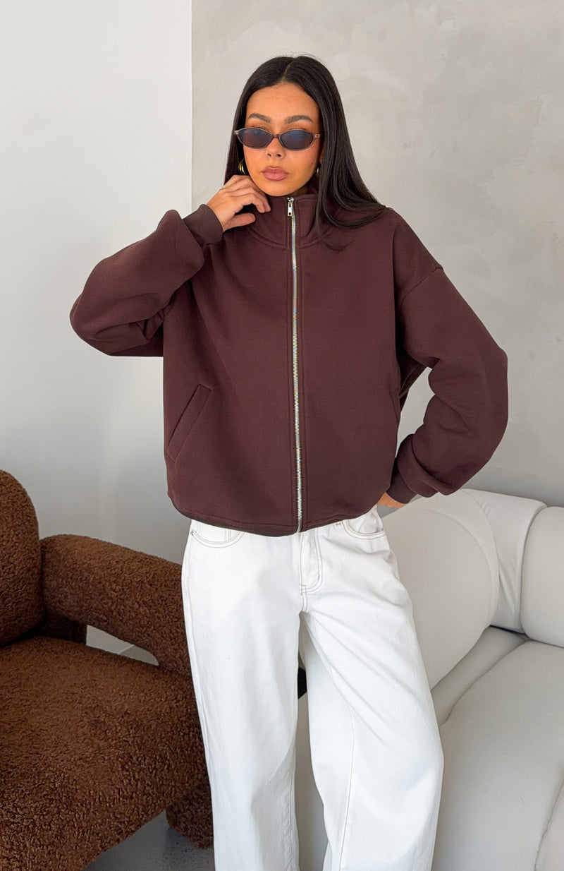 Such A Dream Oversized Zip Front Funnel Neck Jacket Chocolate
