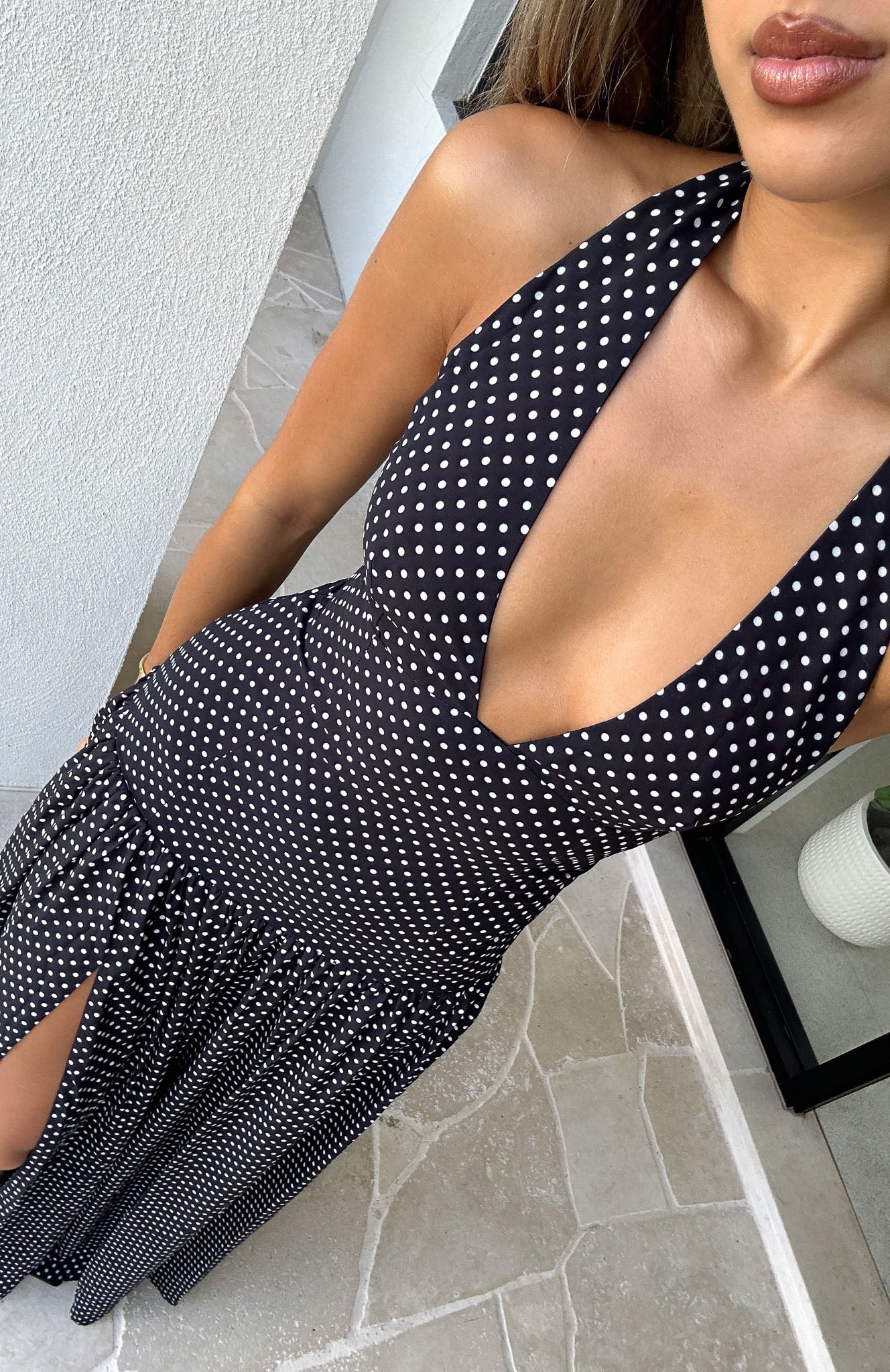 black and white polka dot halter dress Chic Spotlight Polka Dot Halter Maxi Dress S / White main image 1