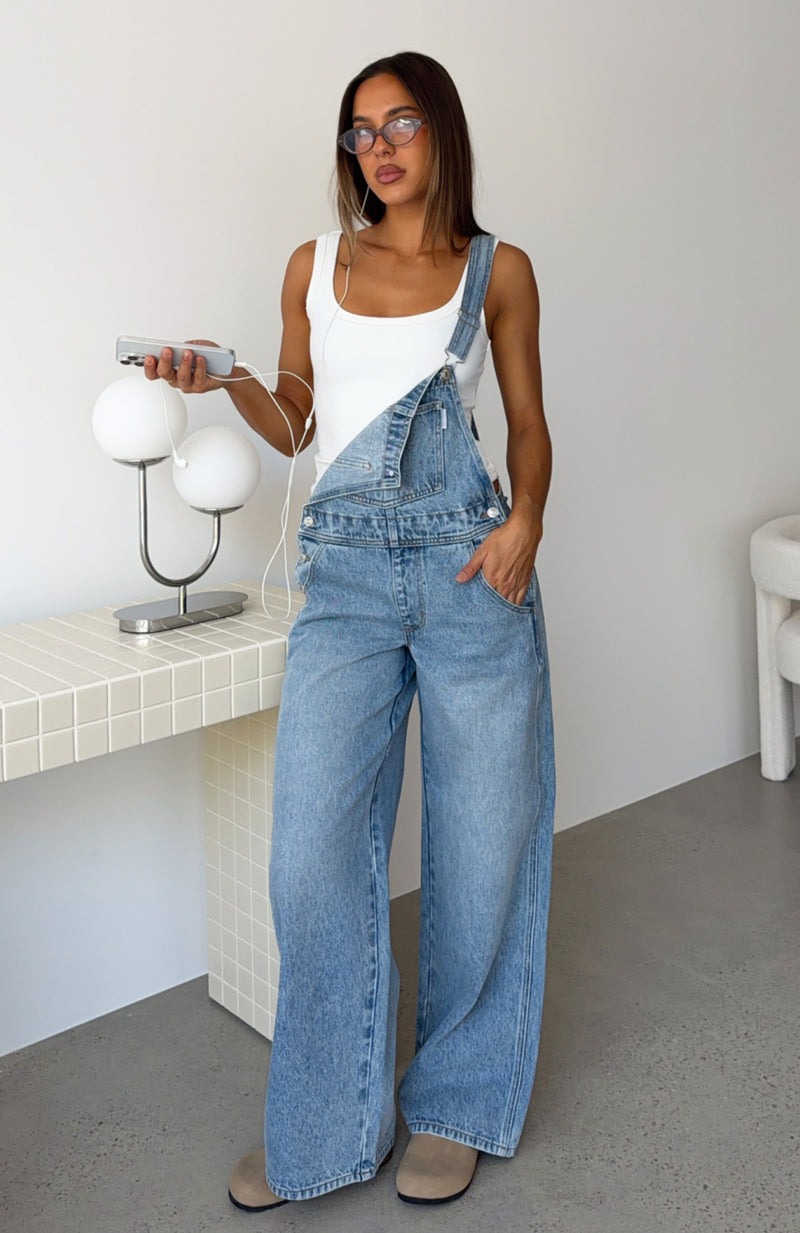 This Isn't Working Denim Overall Jumpsuit Vintage Ice Blue Wash