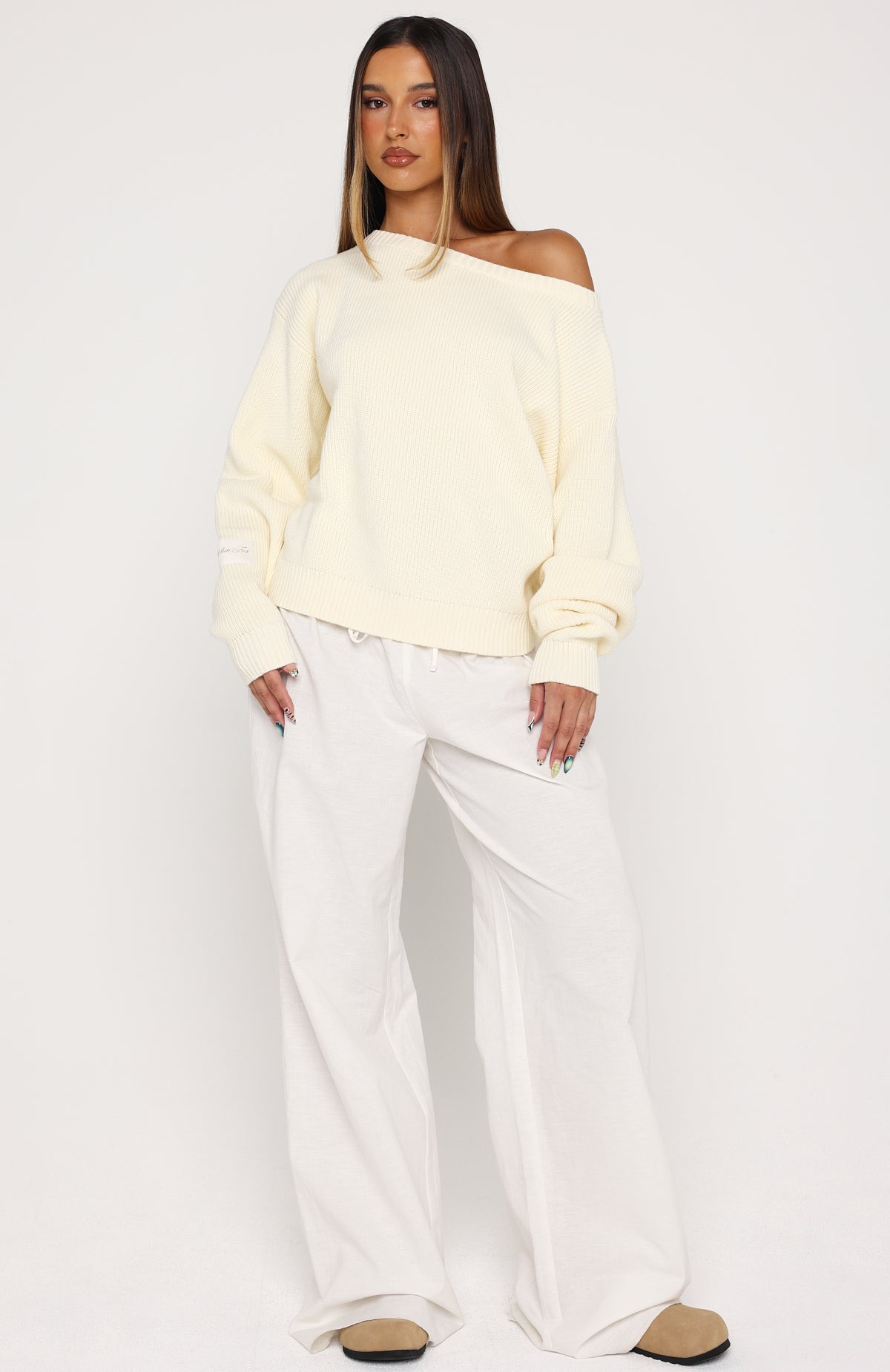 Weekend Fit Off Shoulder Knit Sweater Cream | White Fox Boutique