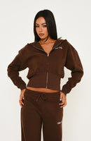 Wishing For It Cropped Cinched Zip Front Hoodie Chocolate