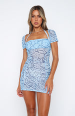 Play It Back Mini Dress Blue Floral Sketch